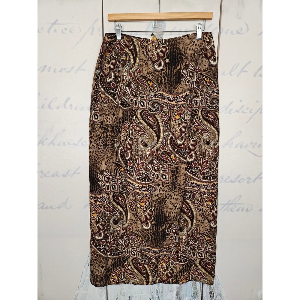 Vintage Monte Paisley Leopard Print Midi Faux Wrap Skirt Brown Size 10 Boho